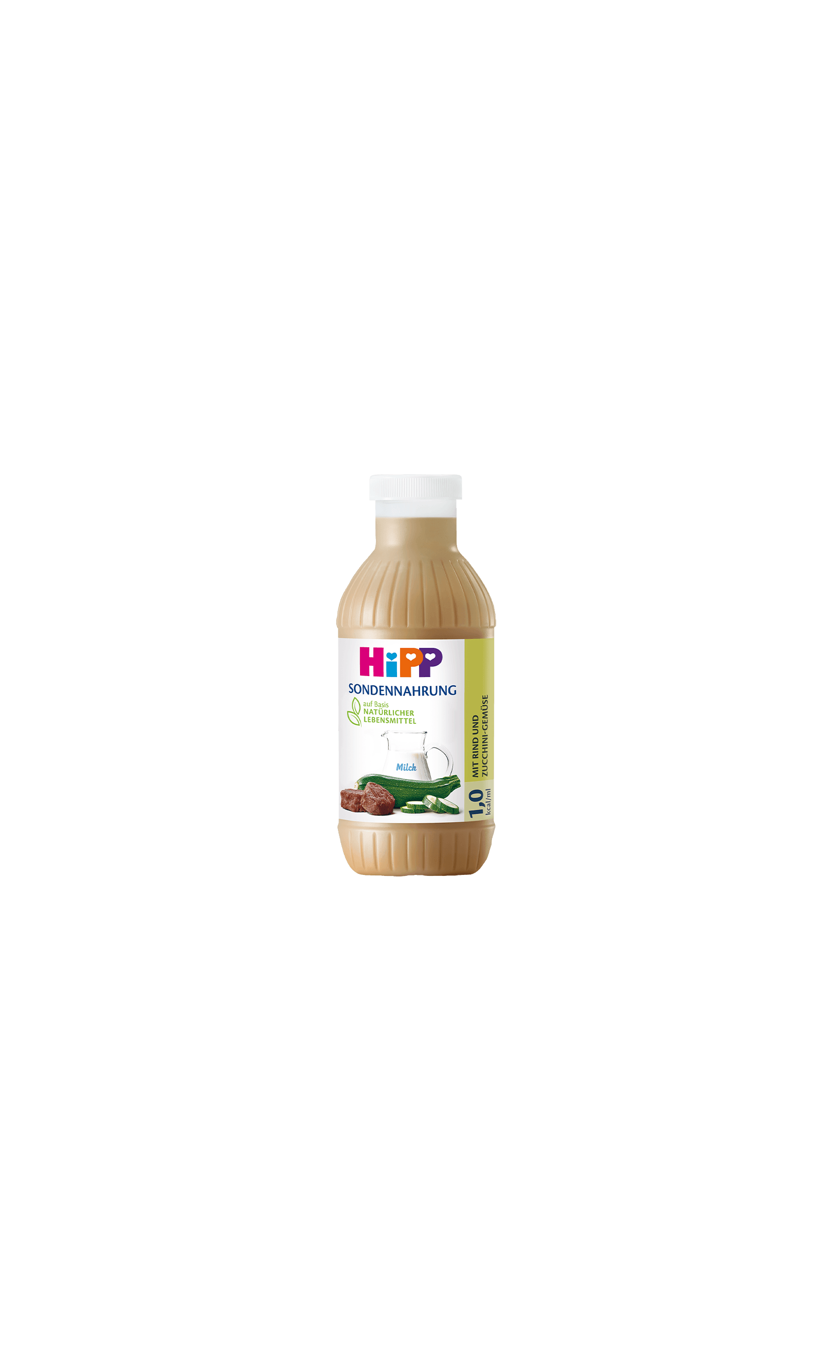 HiPP Sondennahrung 1,0 kcal/ml mit Rind und Zucchini-Gemüse in 500-ml-Flasche auf weißem Hintergrund