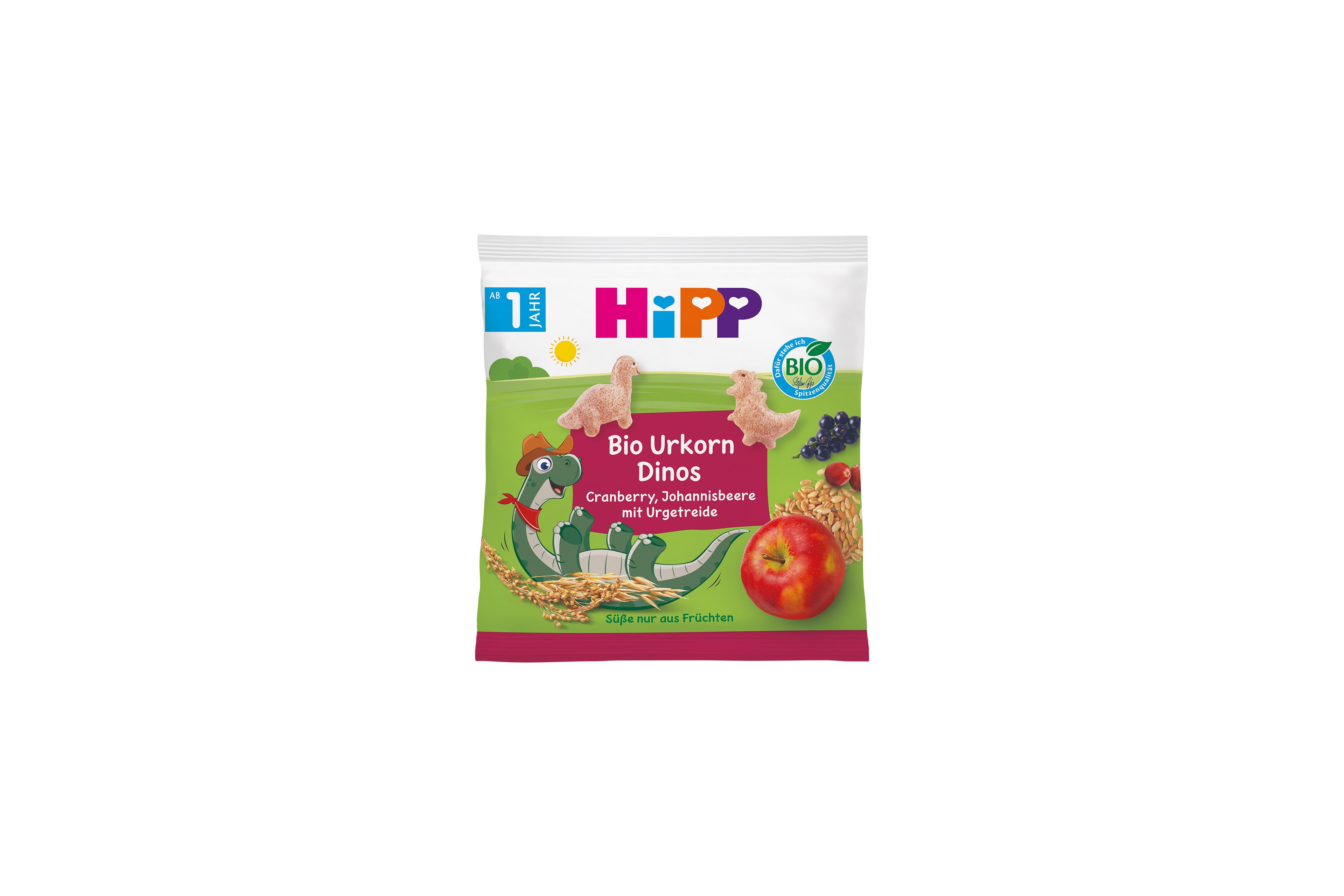 HiPP Bio Urkorn Dinos Snackpack mit Dinofiguren, Cranberry- und Johannisbeeren-Motiv sowie Urgetreide und Apfel auf der Vorderseite