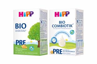Zwei HiPP PRE Bio Anfangsmilch-Packungen nebeneinander: HiPP BIO PRE und HiPP BIO COMBIOTIK mit Bio-Siegel und kindlichem Design.