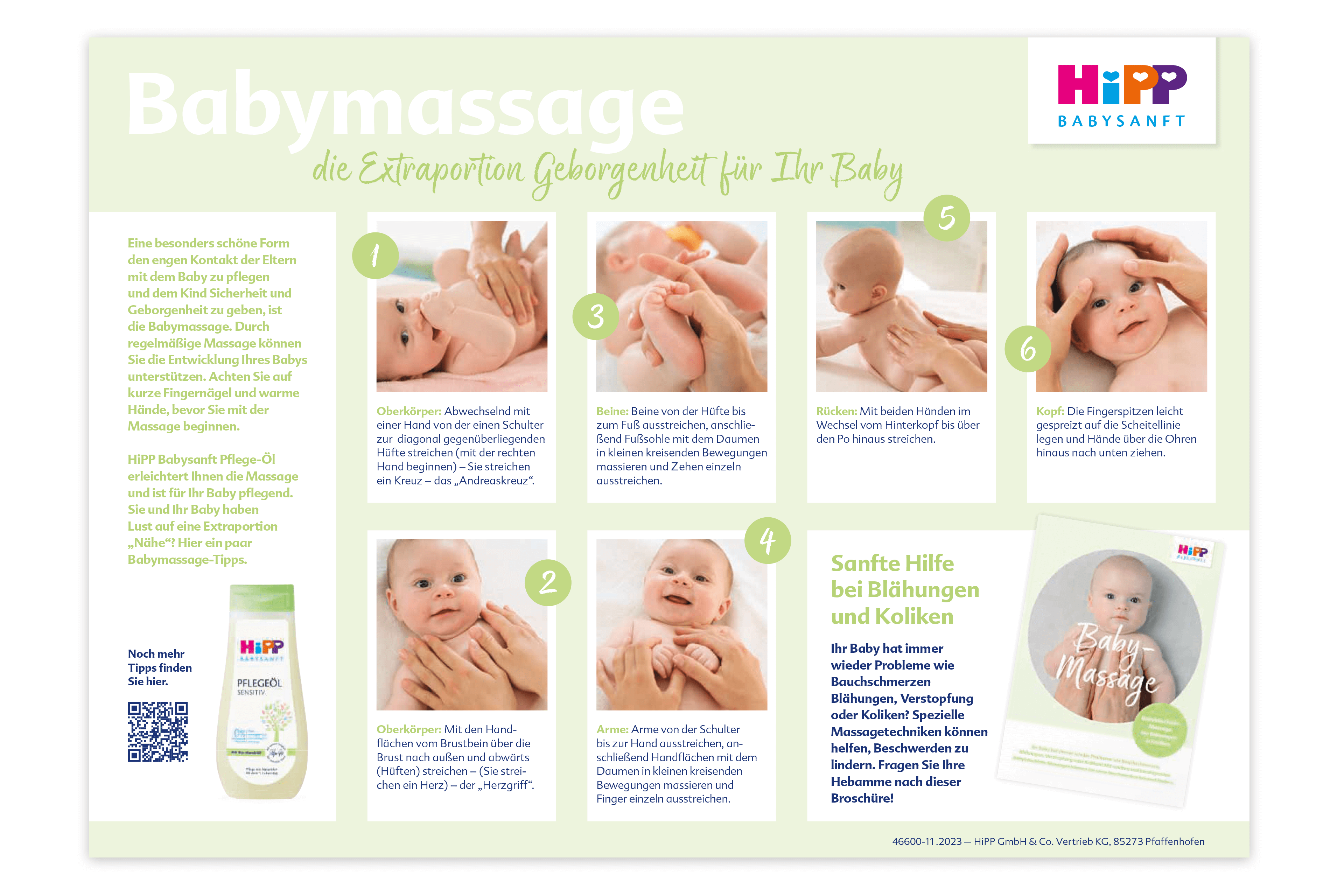 Eine Schritt-für-Schritt-Anleitung für die Babymassage, in der die Bedeutung von sanften Berührungen und die Verwendung eines speziellen Massageöls hervorgehoben werden.