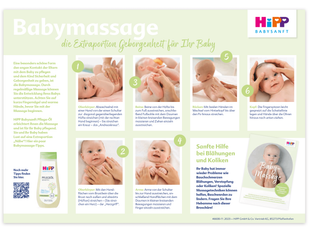 Eine Schritt-für-Schritt-Anleitung für die Babymassage, in der die Bedeutung von sanften Berührungen und die Verwendung eines speziellen Massageöls hervorgehoben werden.