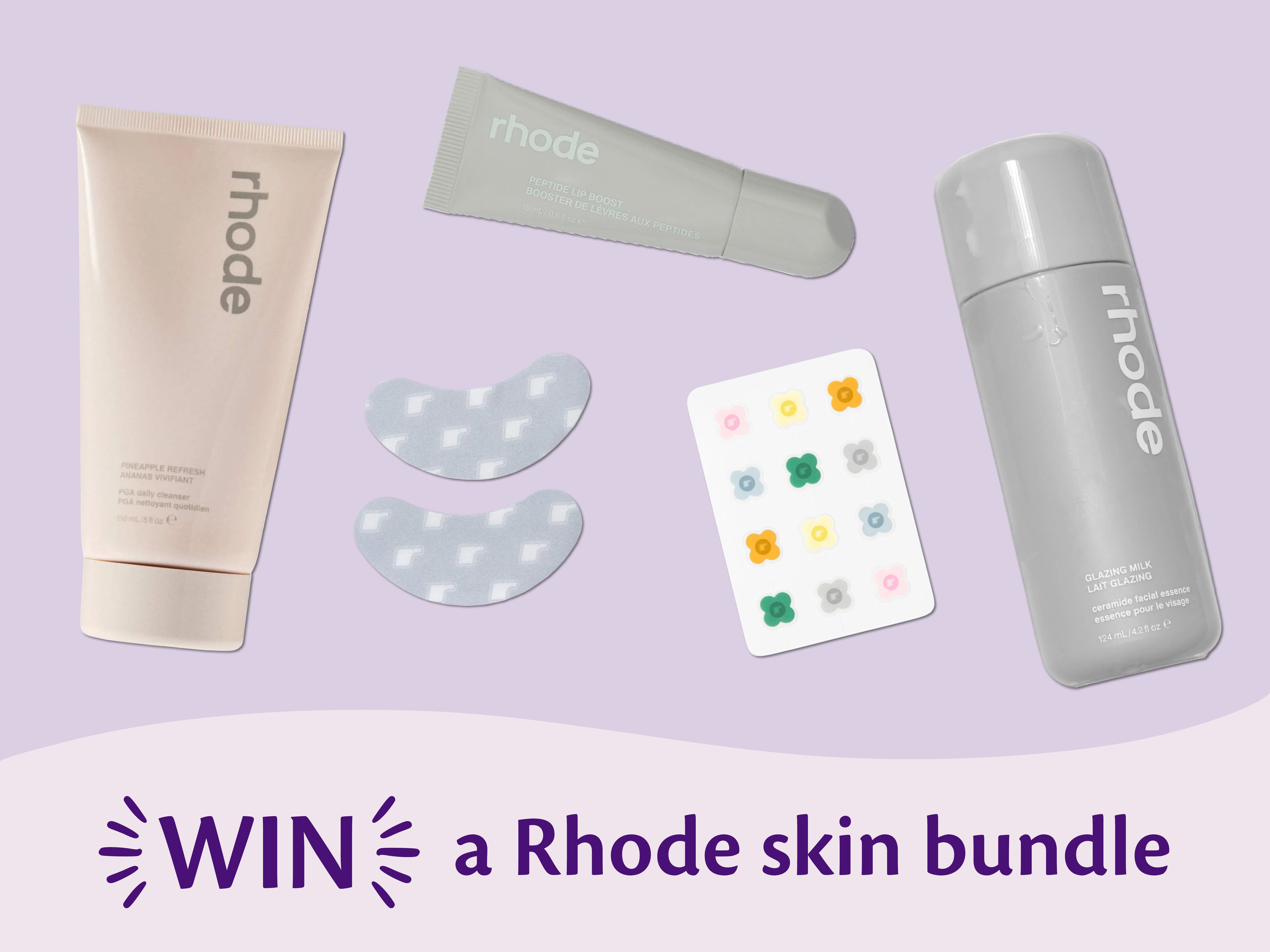 Promotional banner featuring Rhode skincare products, including Pineapple Refresh cleanser, Peptide Lip Boost, Glazing Milk, eye masks, and flower stickers, with text overlay: "WIN a Rhode skin bundle".