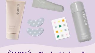 Promotional banner featuring Rhode skincare products, including Pineapple Refresh cleanser, Peptide Lip Boost, Glazing Milk, eye masks, and flower stickers, with text overlay: "WIN a Rhode skin bundle".