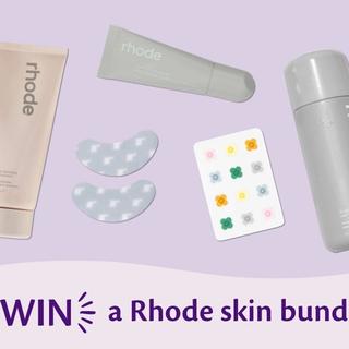 Promotional banner featuring Rhode skincare products, including Pineapple Refresh cleanser, Peptide Lip Boost, Glazing Milk, eye masks, and flower stickers, with text overlay: "WIN a Rhode skin bundle".
