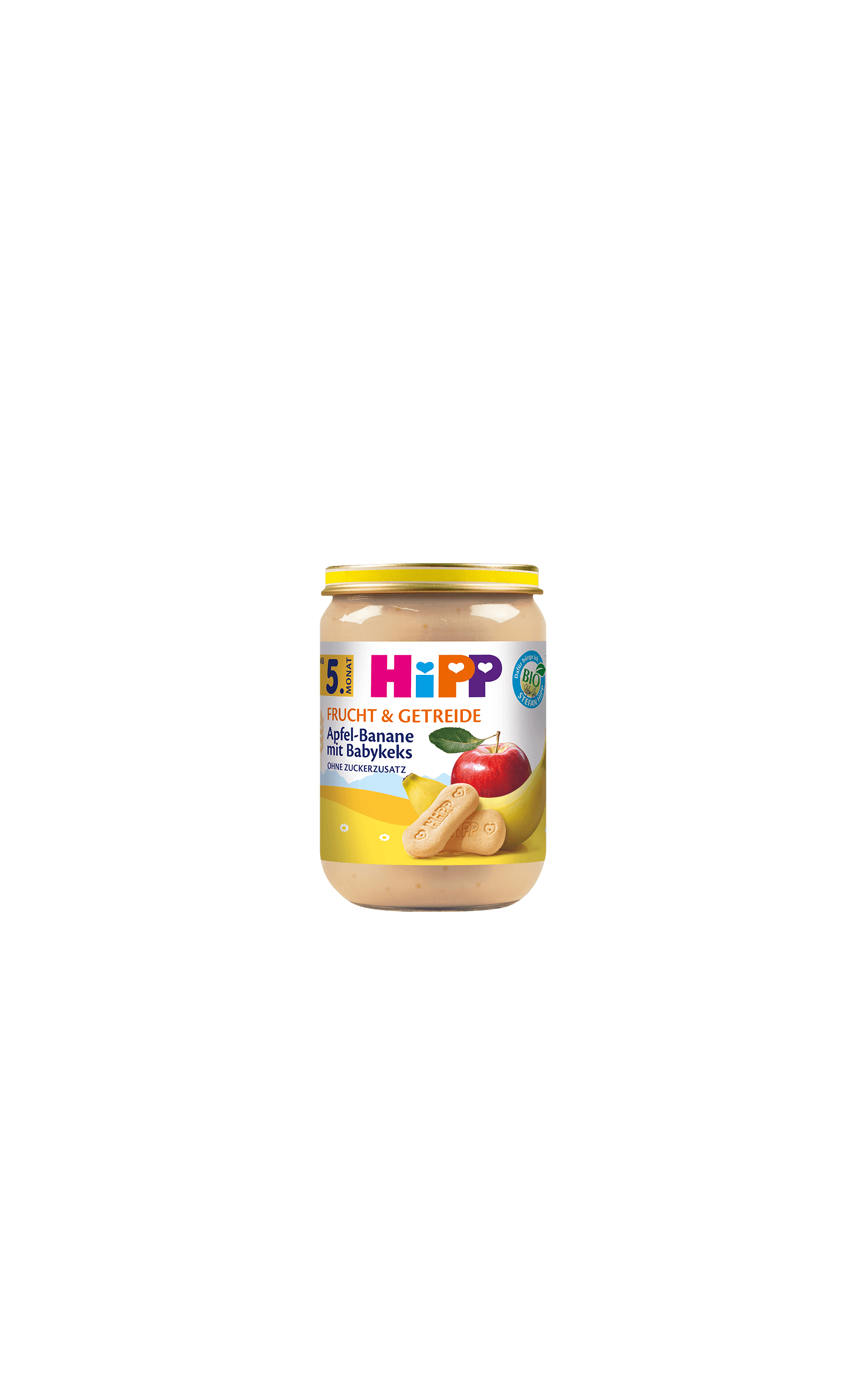 HiPP Bio-Gläschen Apfel-Banane mit Babykeks 190g, Frucht & Getreide Beikost ab 5. Monat auf weißem Hintergrund