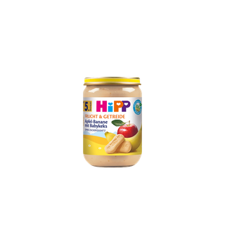 HiPP Bio-Gläschen Apfel-Banane mit Babykeks 190g, Frucht & Getreide Beikost ab 5. Monat auf weißem Hintergrund