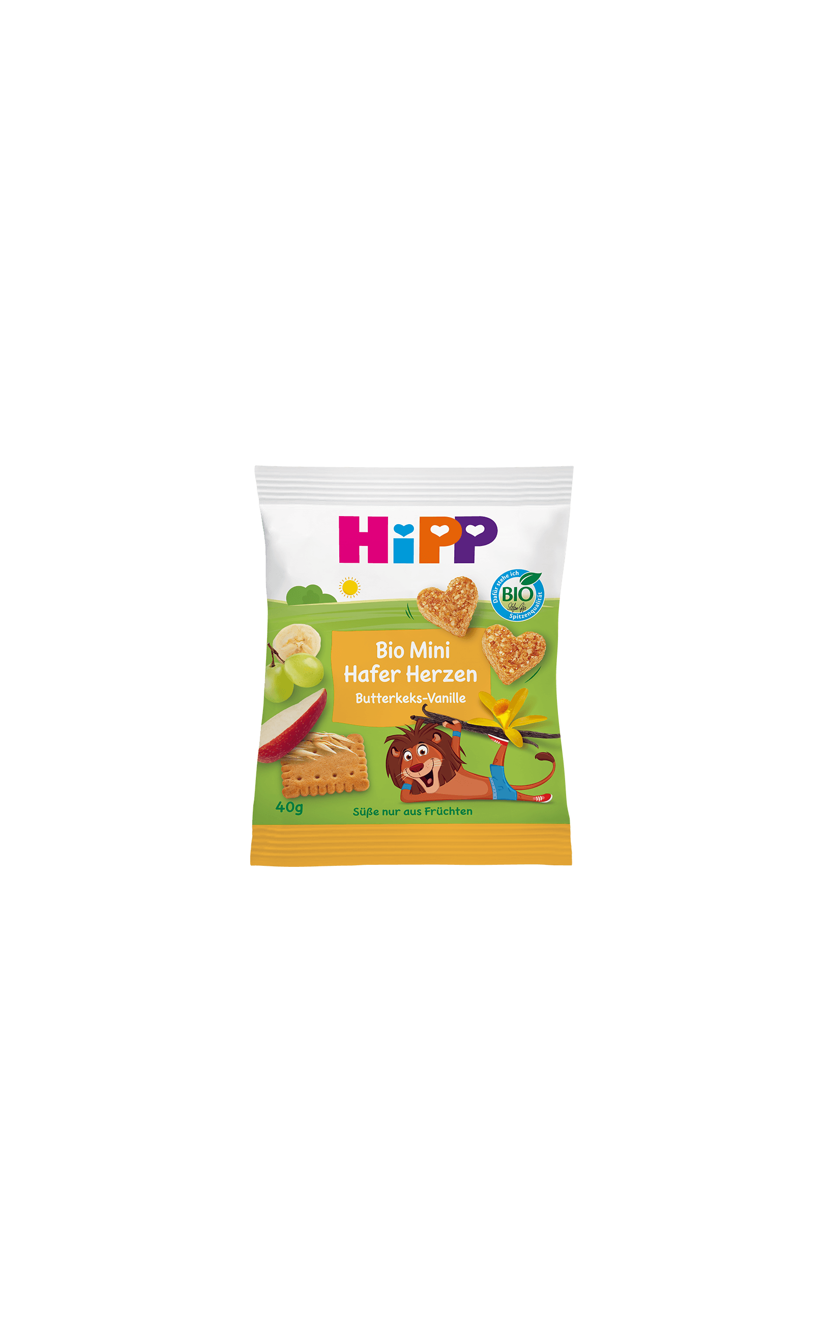 HiPP Bio Mini Hafer Herzen Butterkeks-Vanille Snackpack mit Herz-Haferkeksen, Früchten und Vanillemotiv auf bunter Kinderverpackung