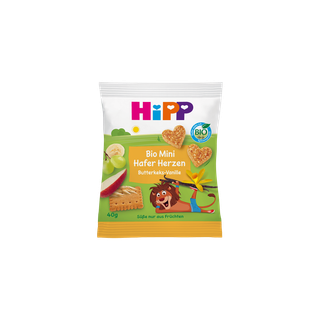 HiPP Bio Mini Hafer Herzen Butterkeks-Vanille Snackpack mit Herz-Haferkeksen, Früchten und Vanillemotiv auf bunter Kinderverpackung