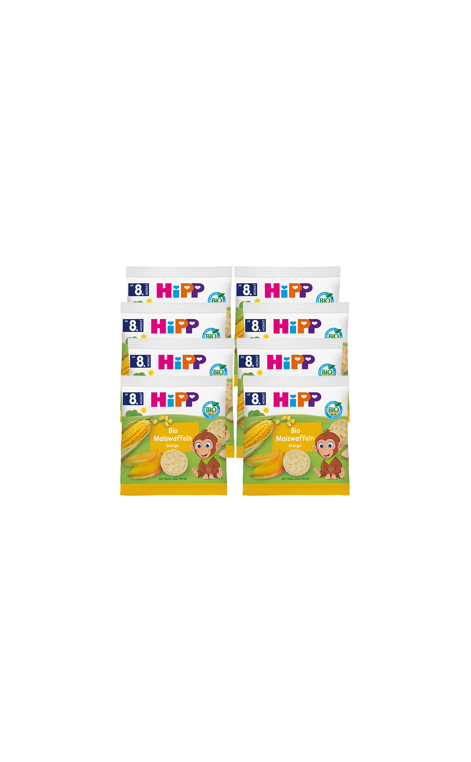Acht Packungen HiPP Bio Maiswaffeln Mango für Babys ab 8 Monaten, fruchtiger Snack im praktischen Vorratspack