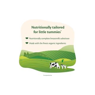 Illustration of green organic farmland with cows and text: nutritionally tailored, complete breastmilk substitute, finest organic ingredients