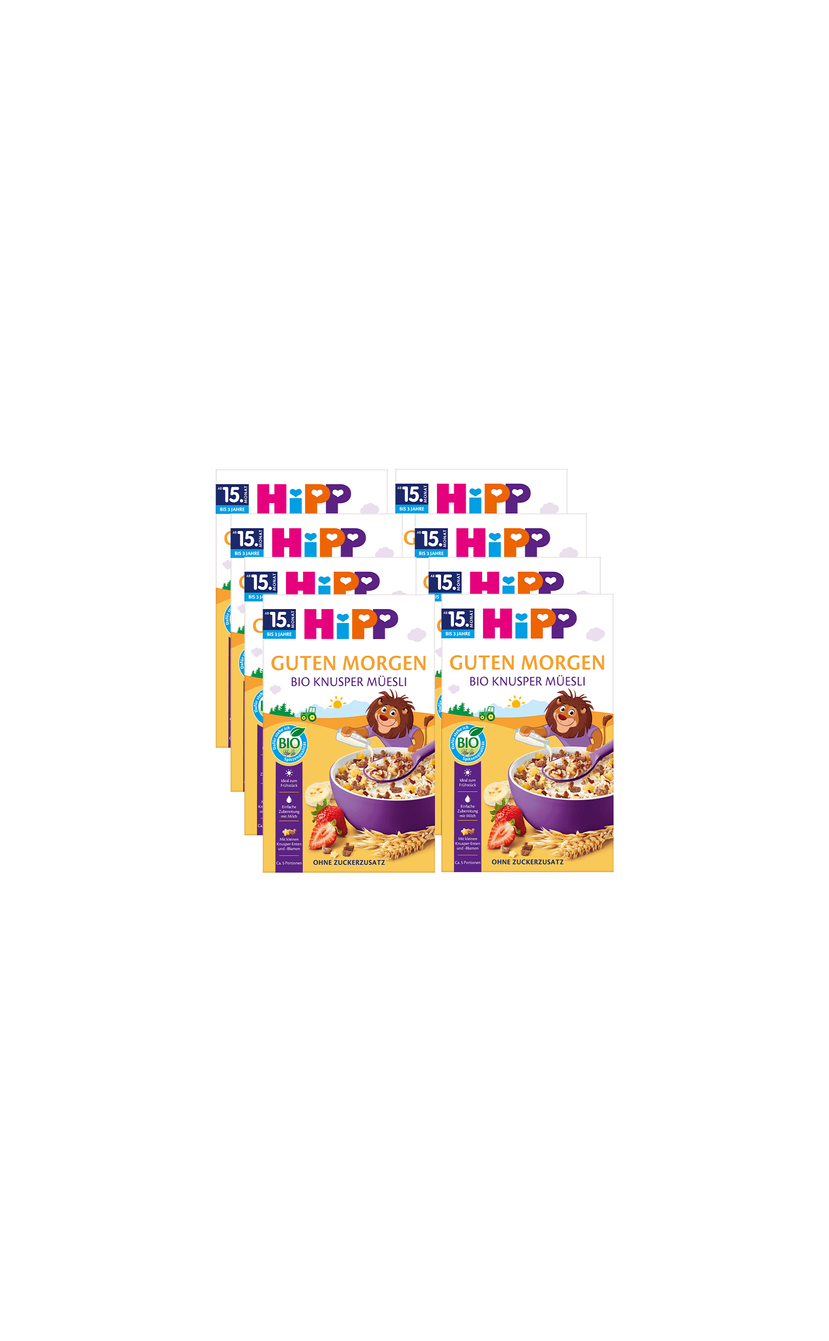 8er-Pack HiPP Guten Morgen Bio Knusper Müsli für Kinder ab 15 Monaten, Produktpackungen vor schwarzem Hintergrund