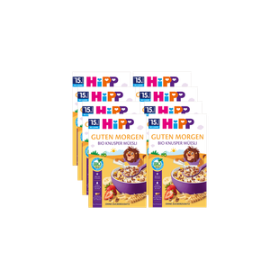 8er-Pack HiPP Guten Morgen Bio Knusper Müsli für Kinder ab 15 Monaten, Produktpackungen vor schwarzem Hintergrund