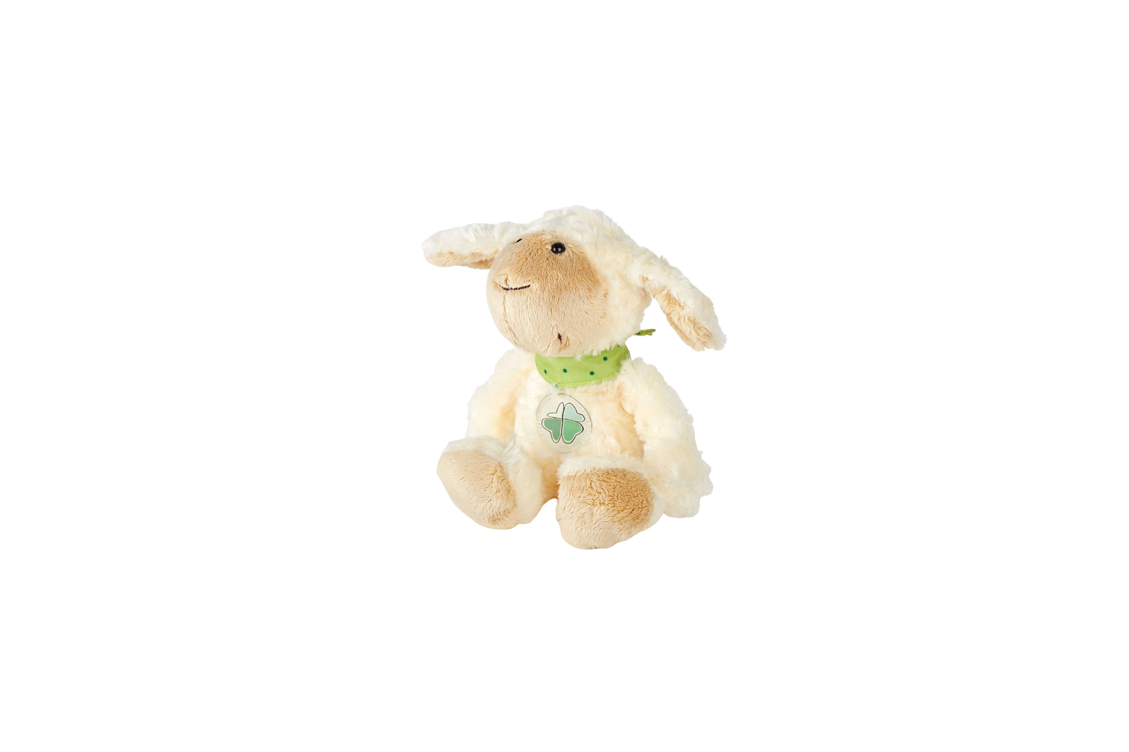 Cremefarbenes Kuscheltier-Schäfchen Care-for-Rare von sigikid mit grünem Halstuch und Kleeblatt