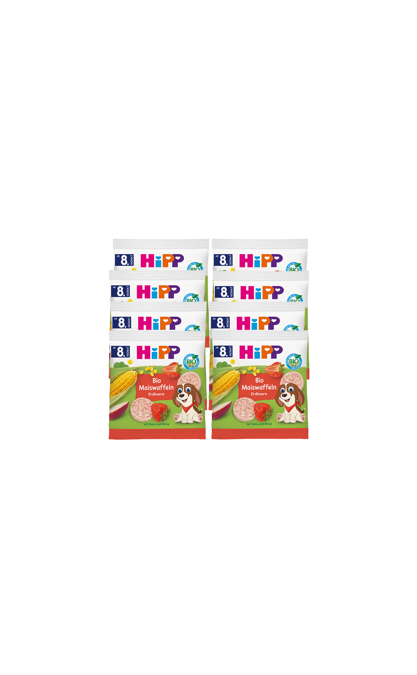 8er Pack HiPP Bio Maiswaffeln Erdbeere für Babys ab 8 Monaten, bunte Beutel mit Maiskolben, Erdbeeren und Hundemotiv