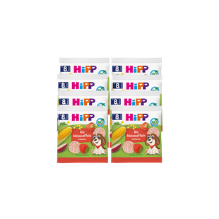 8er Pack HiPP Bio Maiswaffeln Erdbeere für Babys ab 8 Monaten, bunte Beutel mit Maiskolben, Erdbeeren und Hundemotiv