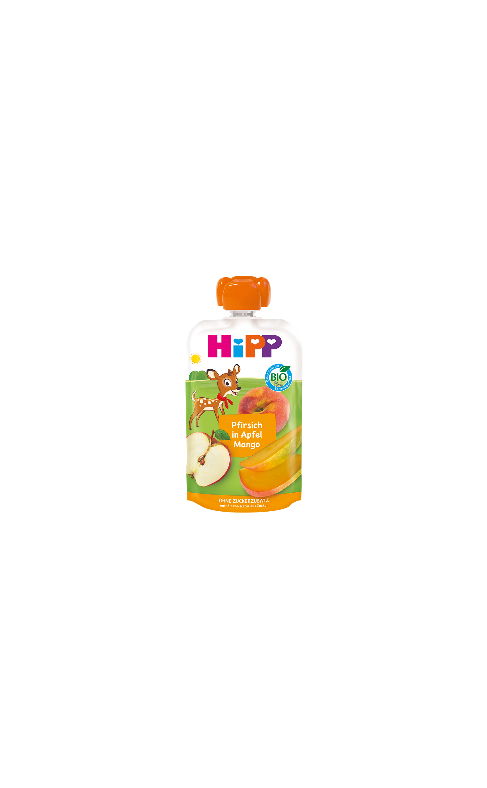 HiPP Bio-Quetschbeutel Pfirsich in Apfel Mango mit Rehkitz-Illustration und Fruchtmotiven auf weißem Hintergrund