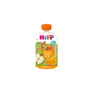 HiPP Bio-Quetschbeutel Pfirsich in Apfel Mango mit Rehkitz-Illustration und Fruchtmotiven auf weißem Hintergrund