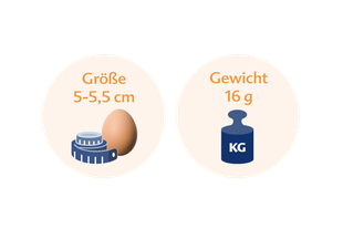 Zwei kreisförmige Icons. Das linke Symbol zeigt ein braunes Ei und ein blaues Maßband mit der Aufschrift "Größe 5-5,5 cm". Das rechte Symbol hat eine blaue Waage mit der Aufschrift "Gewicht 16 g".
