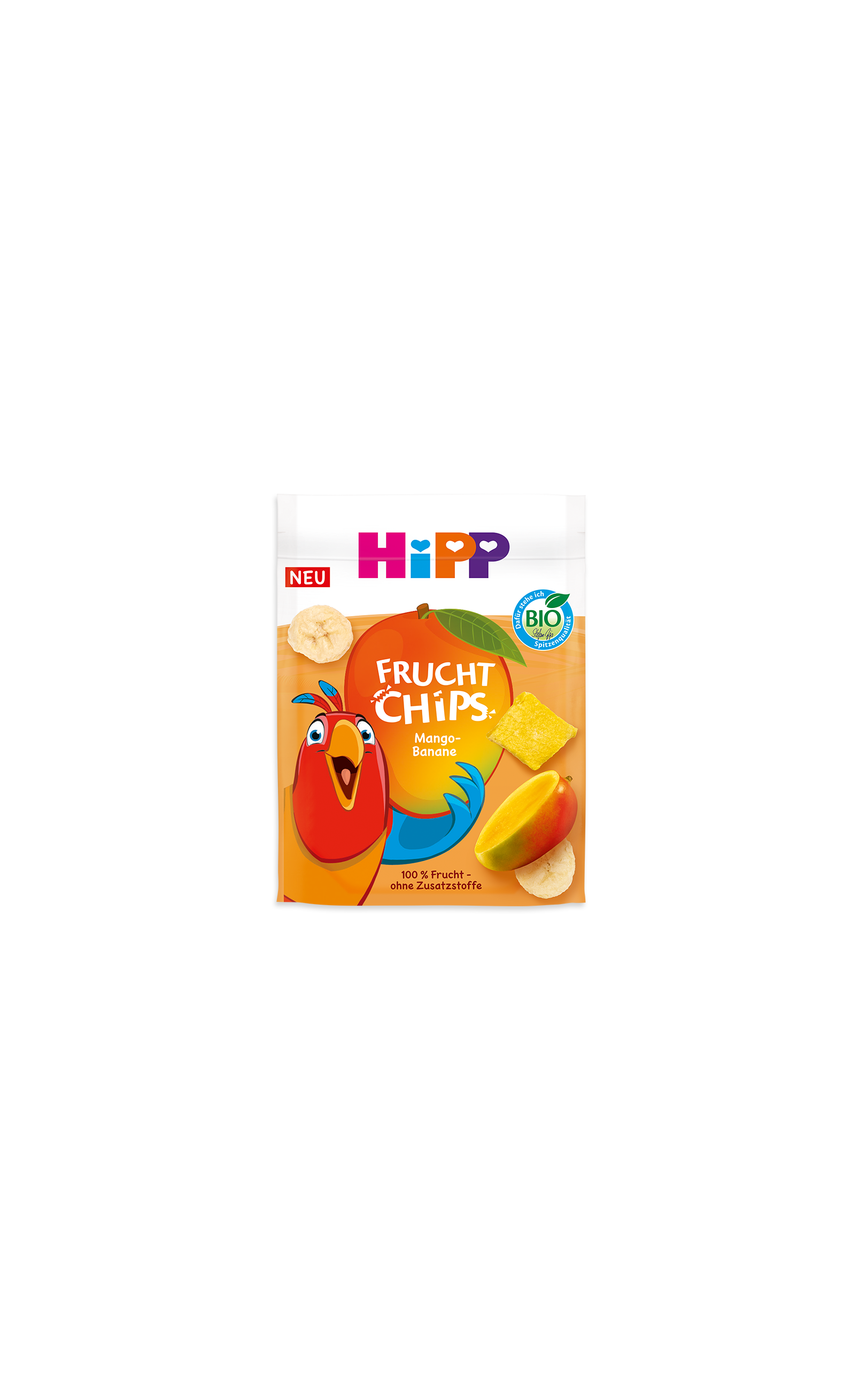 HiPP Bio Fruchtchips Mango-Banane in orangefarbener Packung, aus 100 % Frucht und ohne Zusatzstoffe