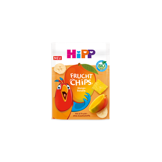 HiPP Bio Fruchtchips Mango-Banane in orangefarbener Packung, aus 100 % Frucht und ohne Zusatzstoffe