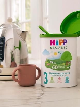 HiPP Organic Growing Up Milk tub on a bright kitchen worktop beside a toddler cup, kettle and toys, suggesting everyday family use