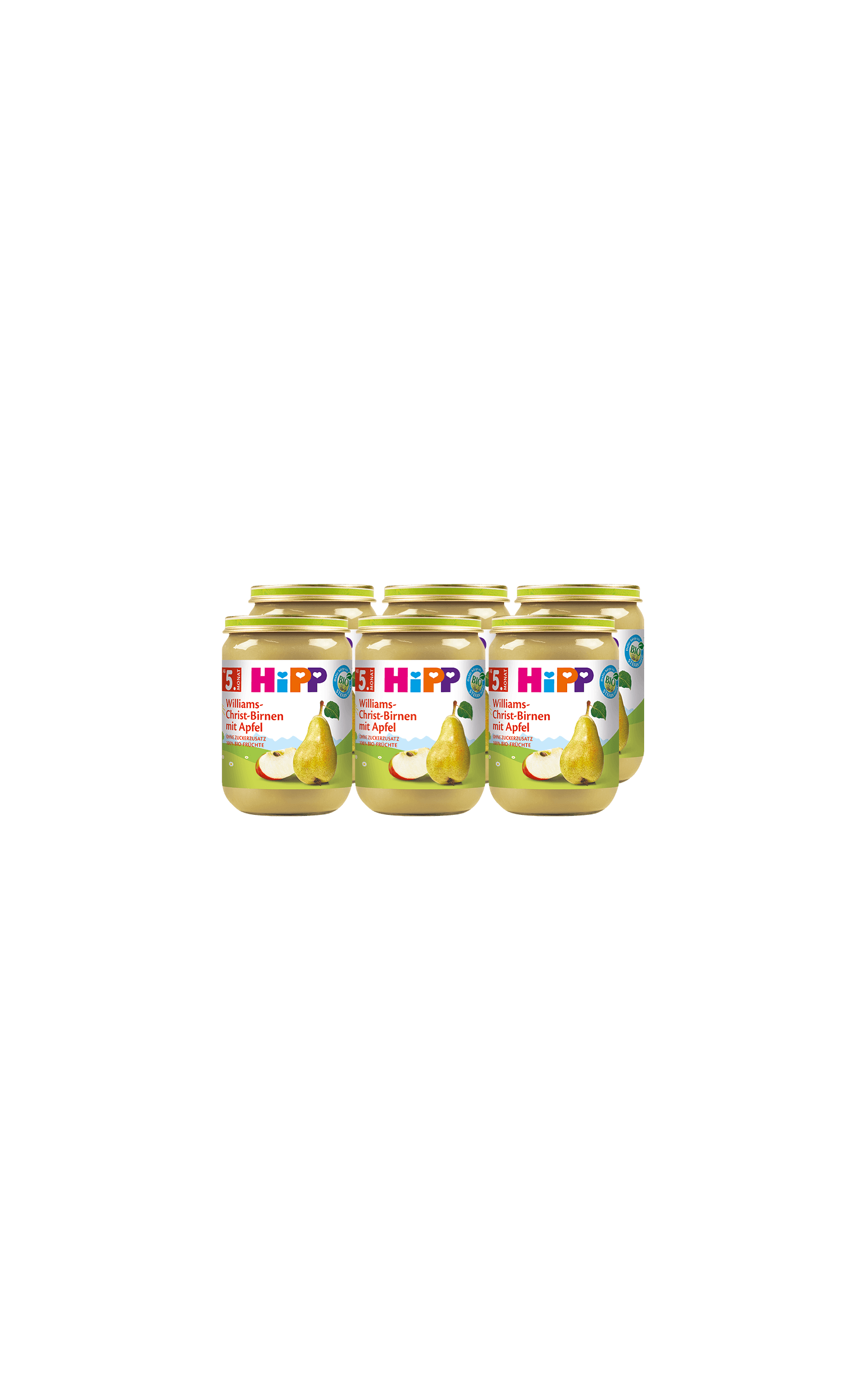 Sechserpack HiPP Bio-Gläschen Williams-Christ-Birne mit Apfel, 6×190g, nebeneinander vor schwarzem Hintergrund