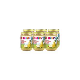 Sechserpack HiPP Bio-Gläschen Williams-Christ-Birne mit Apfel, 6×190g, nebeneinander vor schwarzem Hintergrund