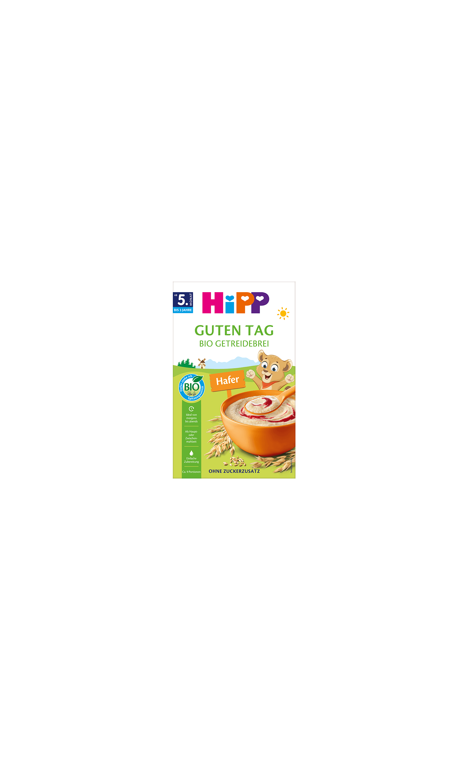 HiPP Guten Tag Bio Getreidebrei Hafer Packung mit Schüssel Haferbrei, Bio-Siegel und Hinweis ohne Zuckerzusatz