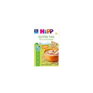 HiPP Guten Tag Bio Getreidebrei Hafer Packung mit Schüssel Haferbrei, Bio-Siegel und Hinweis ohne Zuckerzusatz