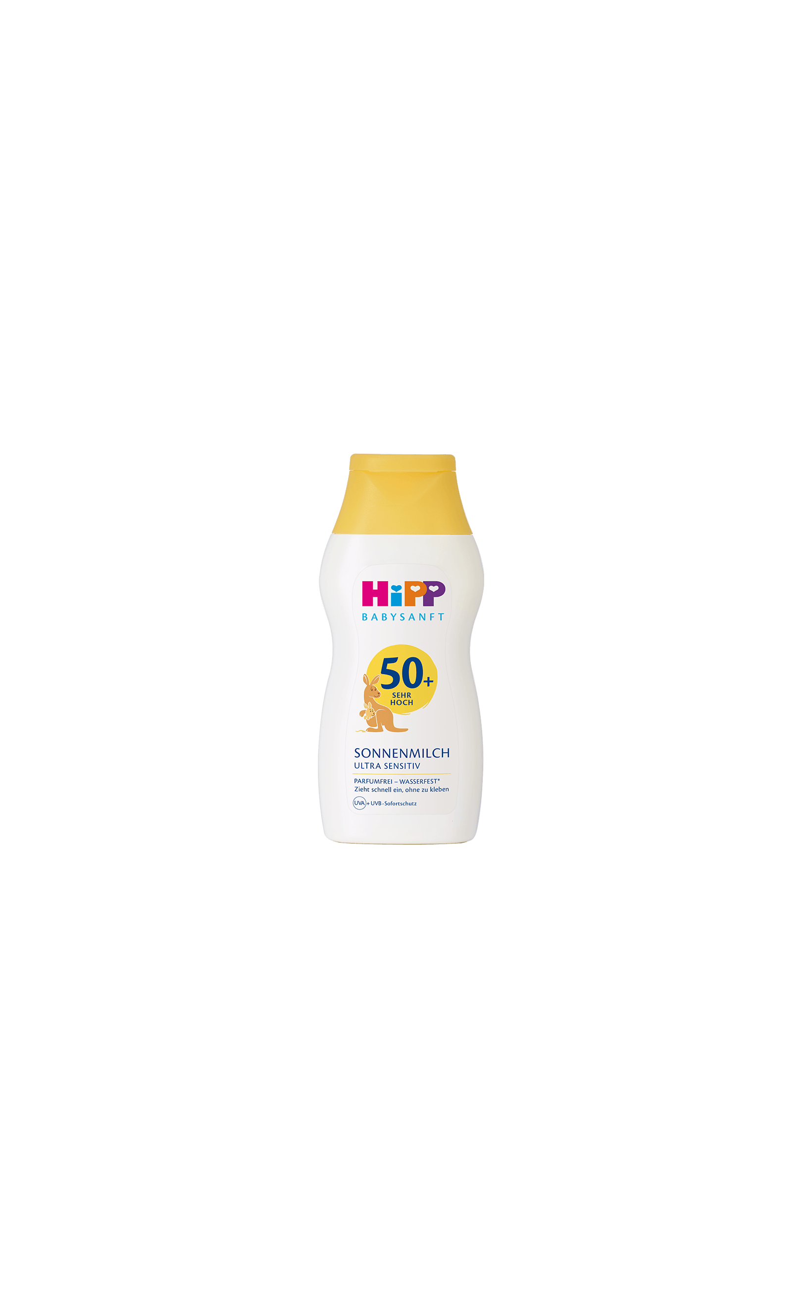 HiPP Babysanft Sonnenmilch Ultra Sensitiv LSF 50+ in 200 ml Flasche mit gelbem Deckel auf schwarzem Hintergrund