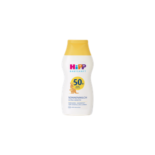 HiPP Babysanft Sonnenmilch Ultra Sensitiv LSF 50+ in 200 ml Flasche mit gelbem Deckel auf schwarzem Hintergrund