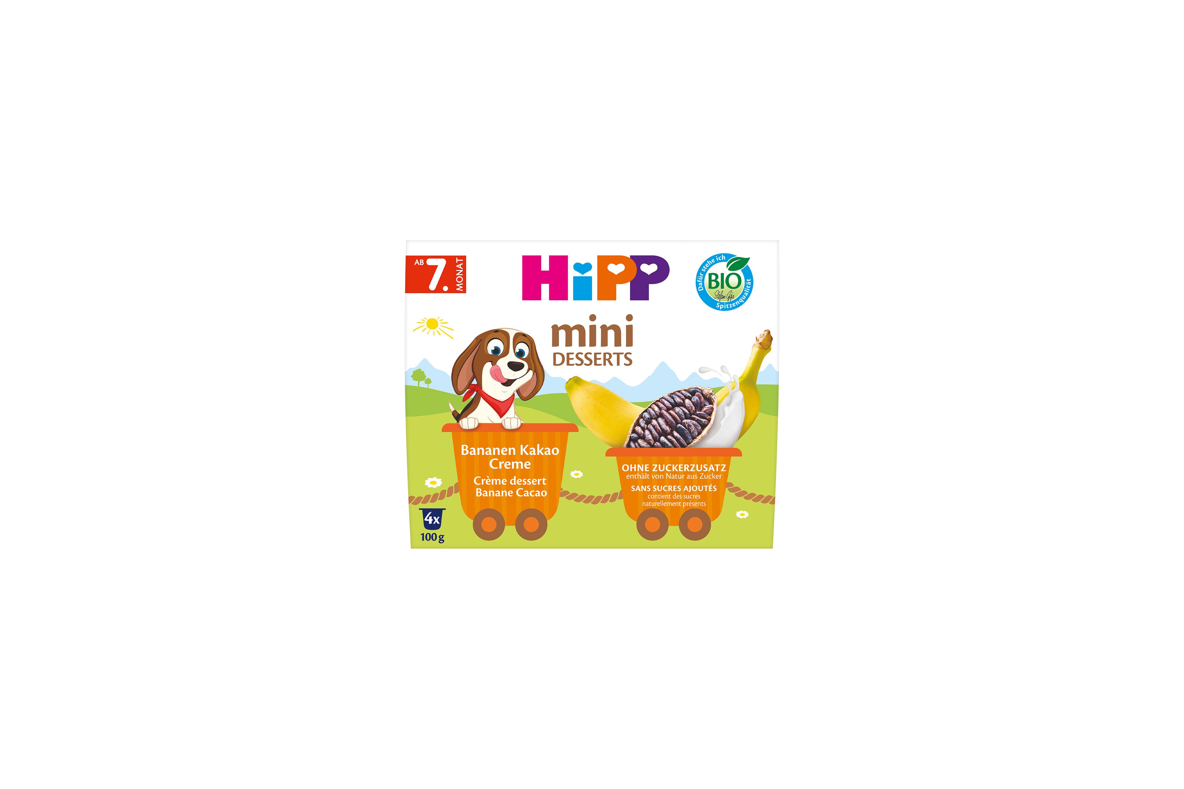 HiPP Mini Desserts Bananen Kakao Creme Packung, Bio-Nachtisch ab 7. Monat ohne Zuckerzusatz, 4x100g Becher