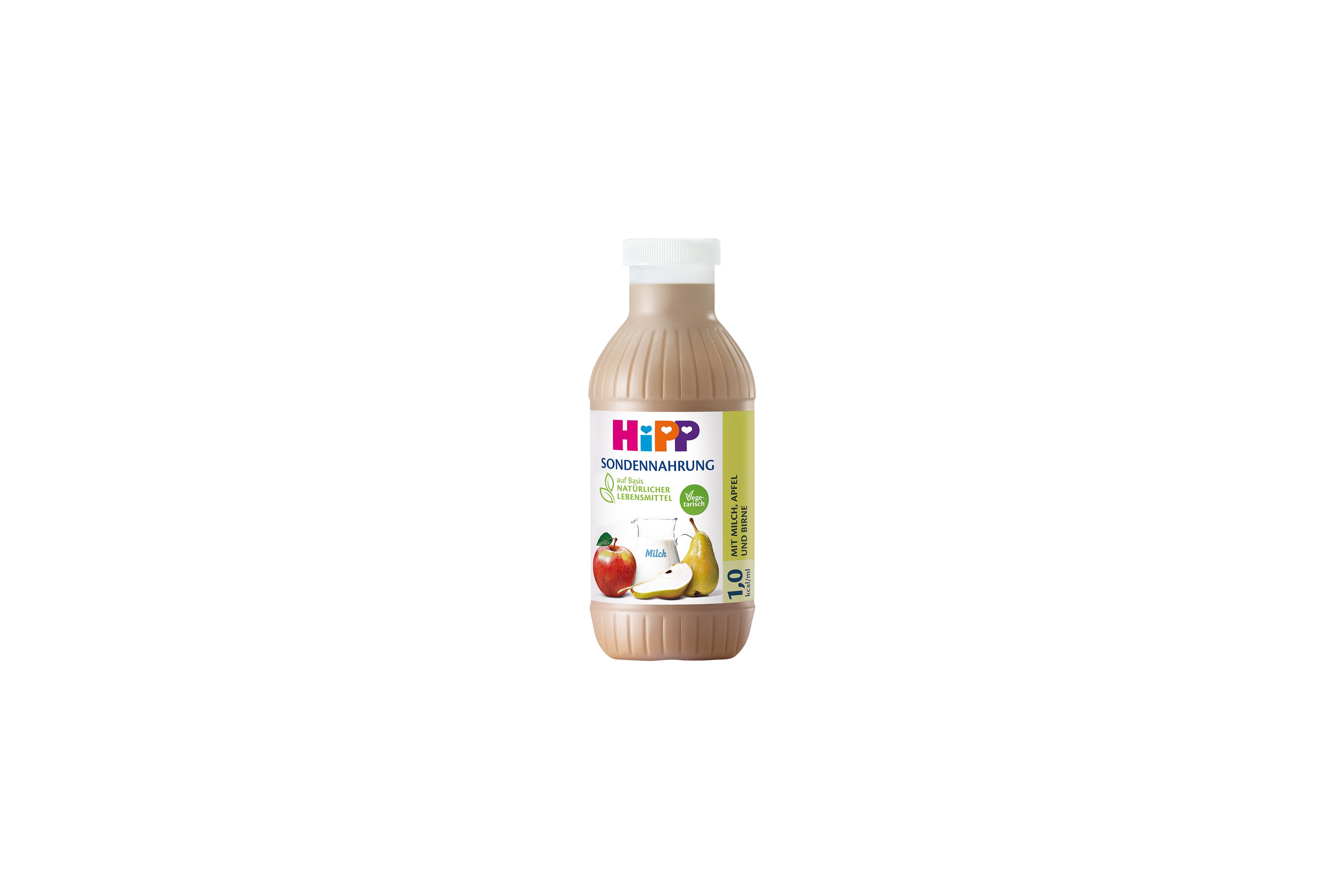 HiPP Sondennahrung Flasche (1,0 kcal/ml) mit Milch, Apfel und Birne auf weißem Hintergrund