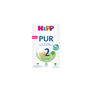 HiPP 2 PUR Bio-Folgemilch Packung mit Bio-Siegel und liegendem Bärchen, geeignet nach dem 6. Monat