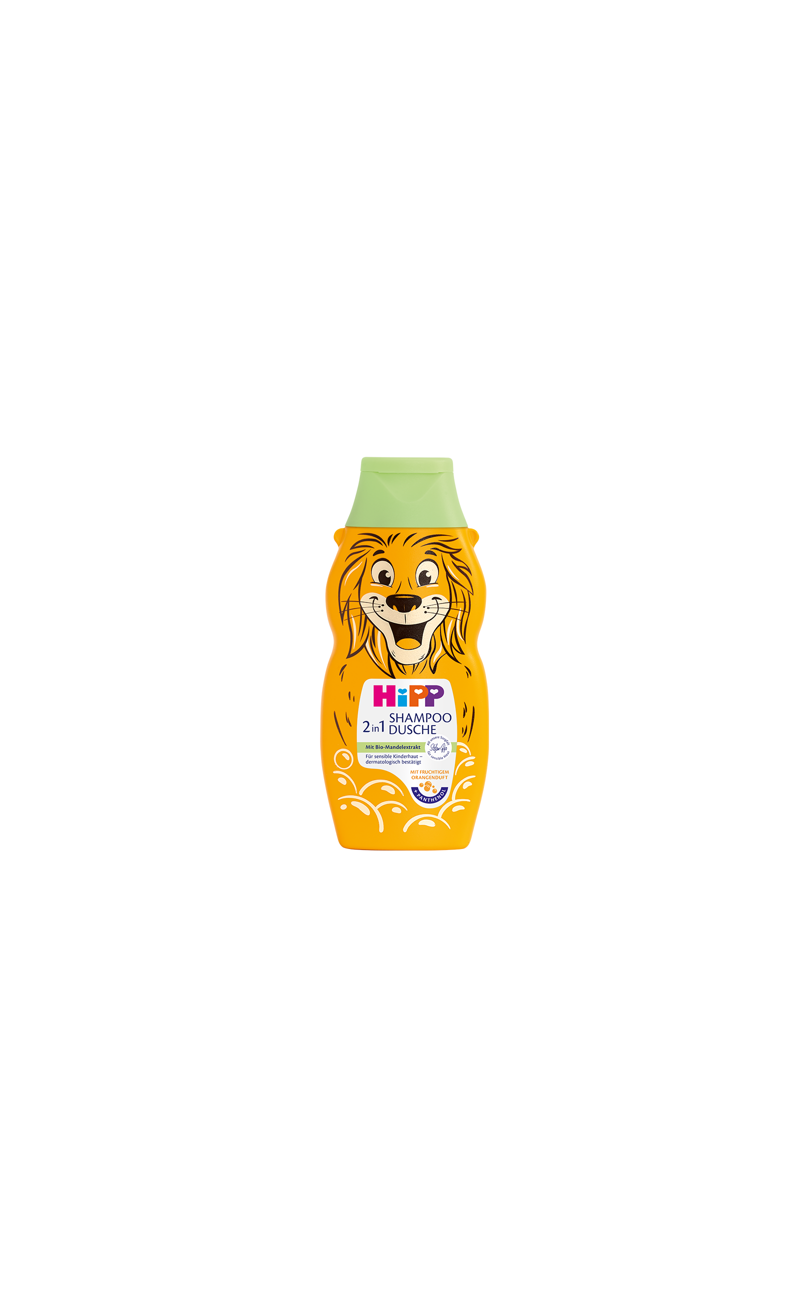 HiPP Shampoo 2-in-1 Dusche, 300 ml, in orangefarbener Flasche mit Löwenmotiv und grünem Deckel