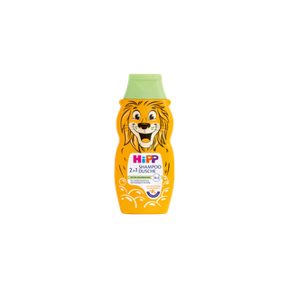HiPP Shampoo & Dusche 2 in 1 in orangefarbener 300-ml-Flasche mit Löwenmotiv und grünem Deckel