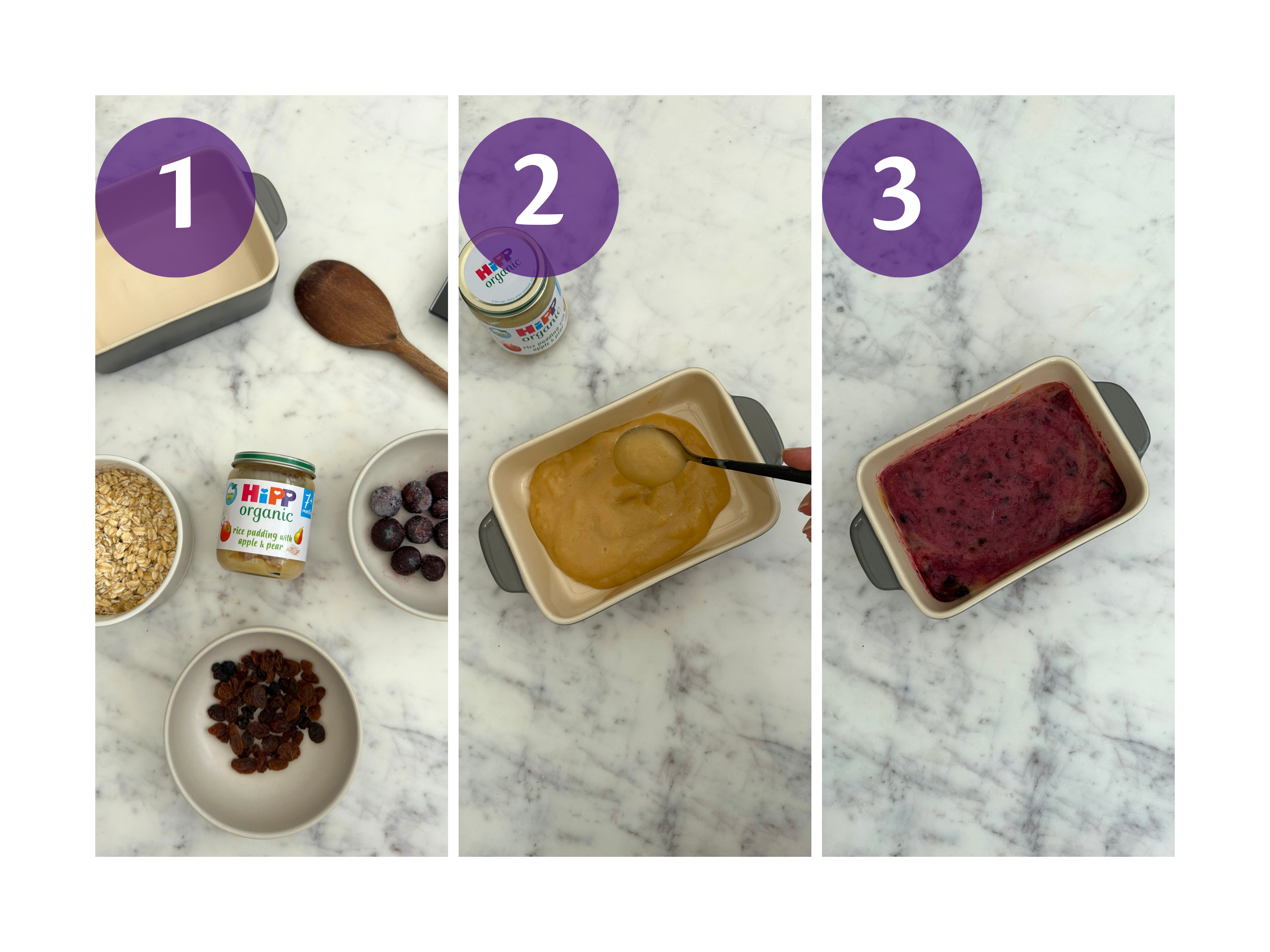 Step-by-step prep of apple, blueberry and pear crumble using HiPP Organic jar, berries and raisins in a small baking dish