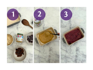 Step-by-step prep of apple, blueberry and pear crumble using HiPP Organic jar, berries and raisins in a small baking dish