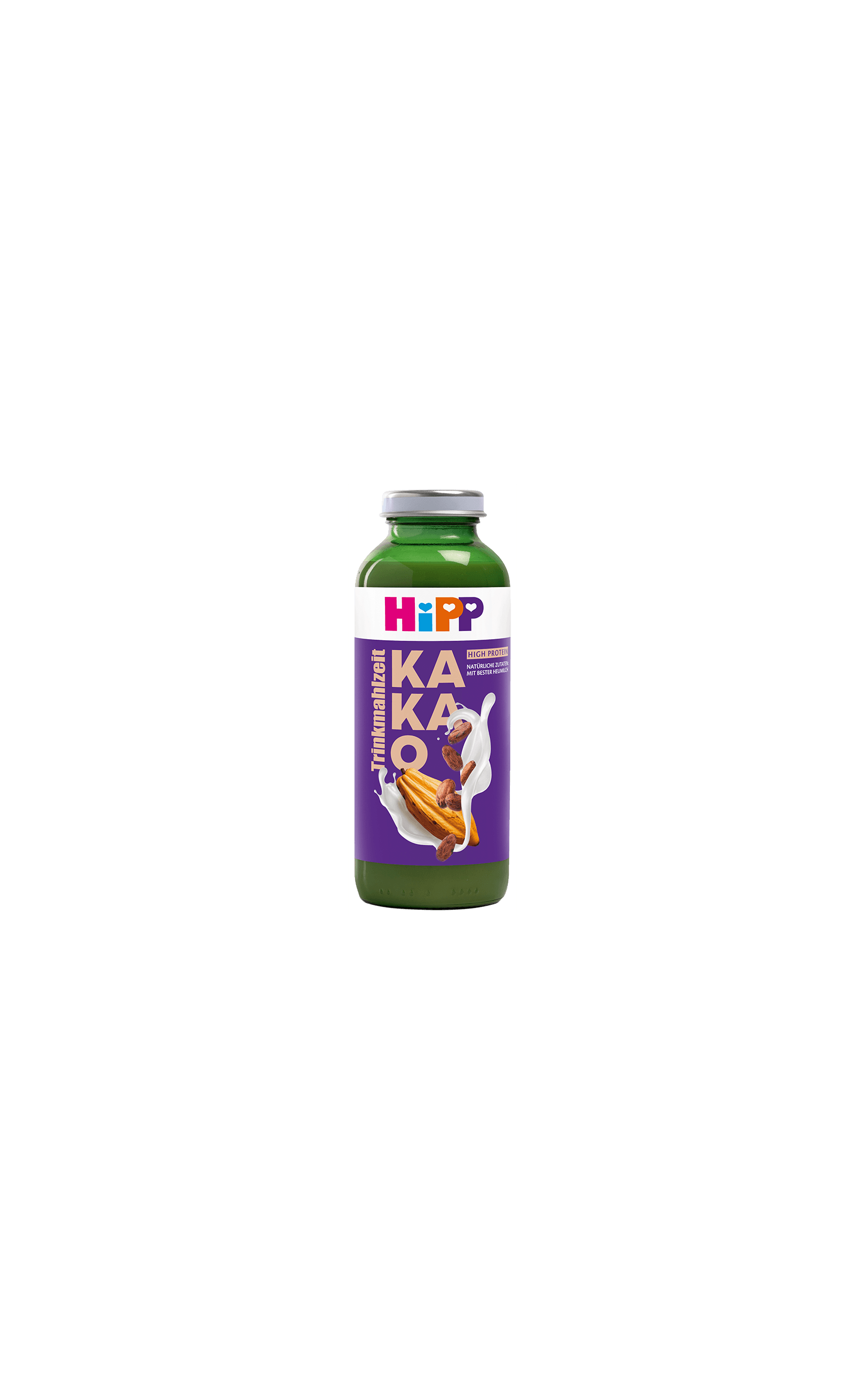 HiPP Trinkmahlzeit Kakao in grüner Glasflasche mit lila High-Protein-Etikett, Heumilch- und Kakaobohnenabbildung