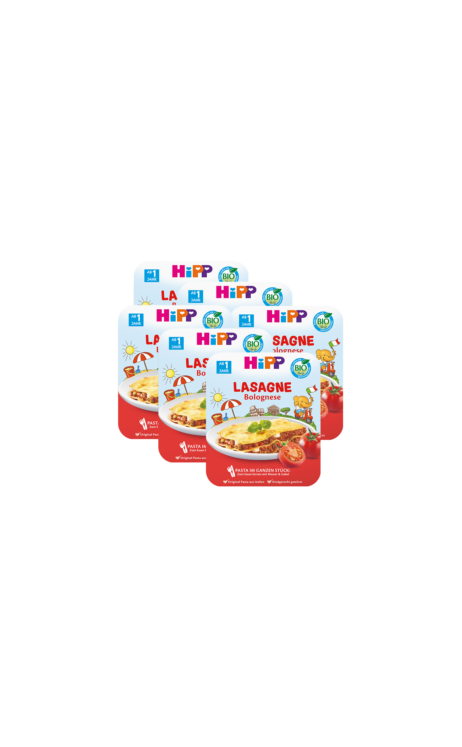 6er-Pack HiPP Bio Lasagne Bolognese für Kleinkinder ab 1 Jahr, vorne mit servierter Lasagne und Tomatenabbildung