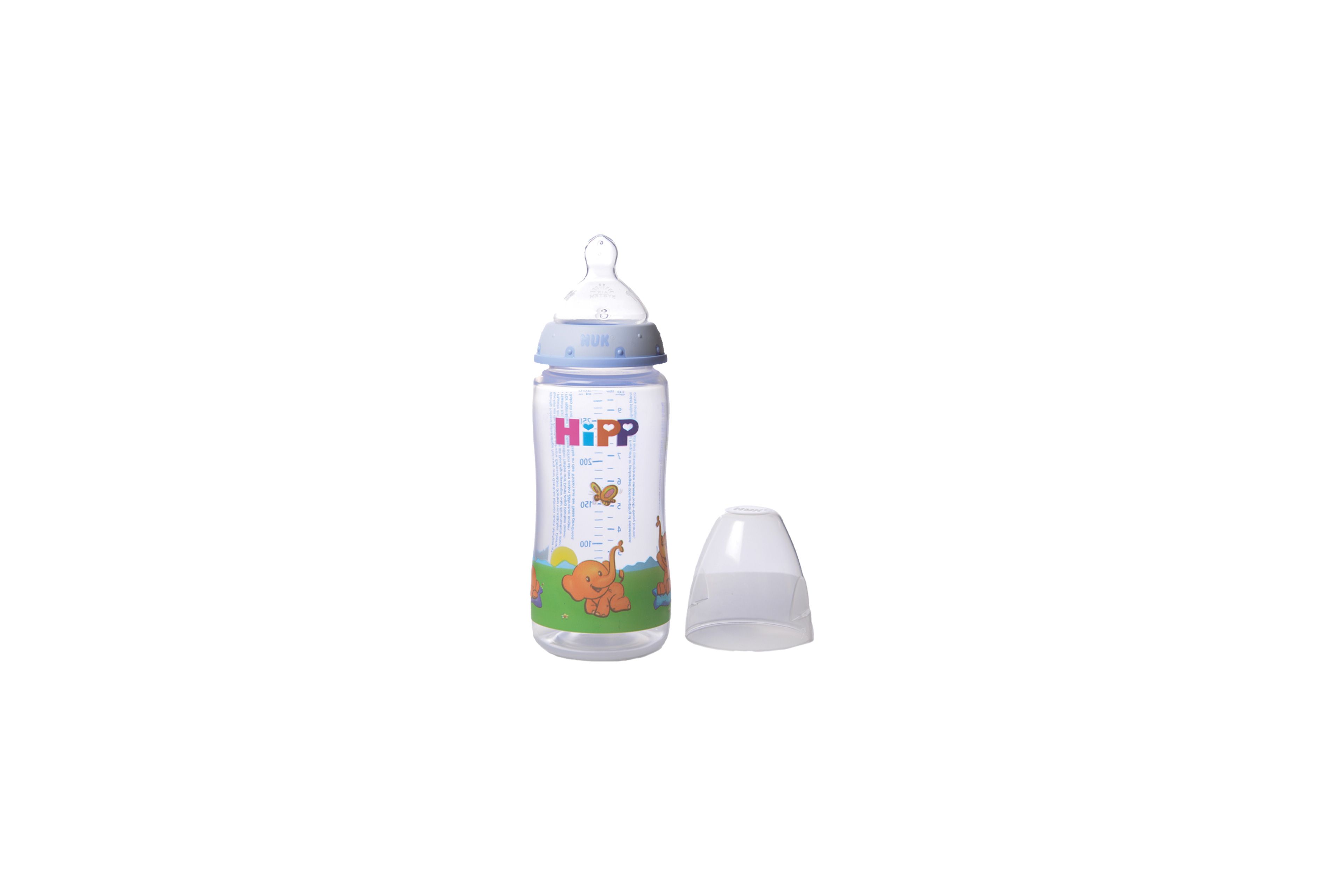 Kunststoff-Babyfläschchen mit HiPPofanten-Tiermotiv und Messskala, daneben abgenommene transparente Schutzkappe