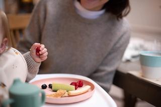 Close up view of a baby in a high chair with a plate of food, with mum sitting behind