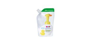 HiPP Babysanft Waschschaum Nachfüller im Beutel mit gelbem Enten-Pumpspender und Hinweis auf 78 % weniger Plastik
