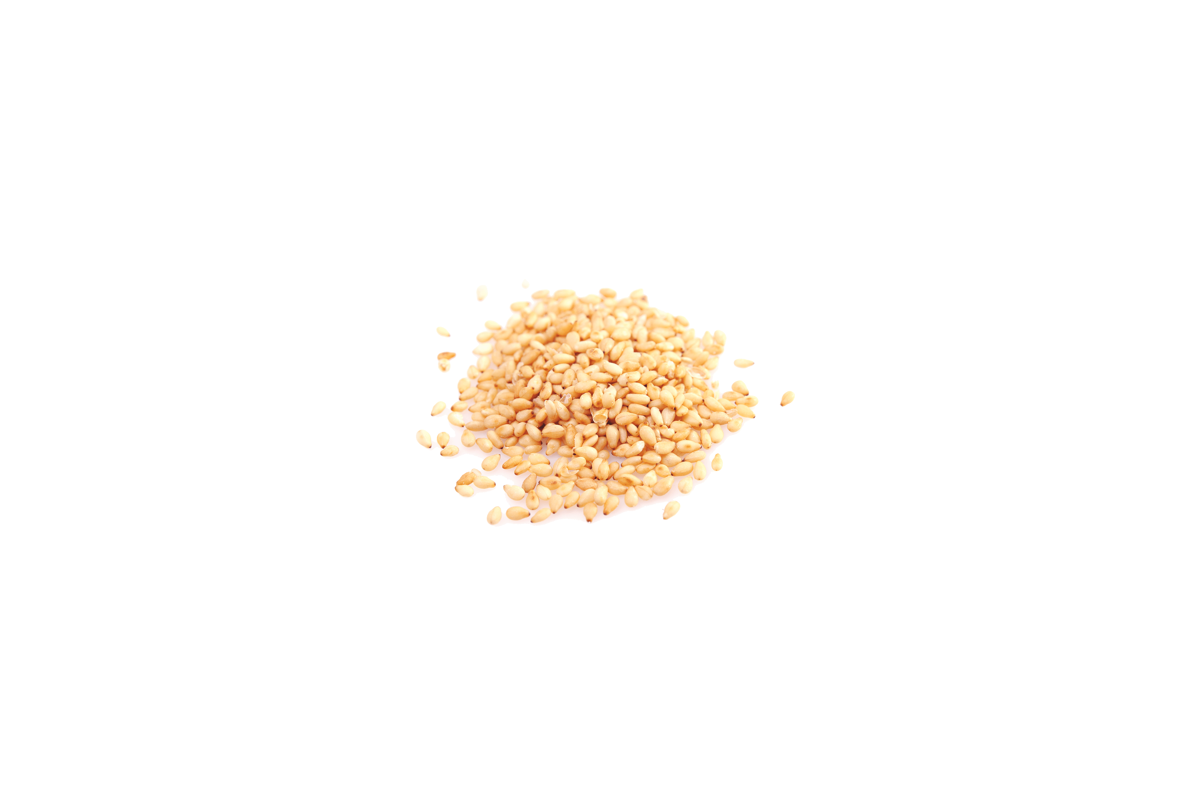 Ein Haufen goldbrauner Samen auf einem weißen Teller.