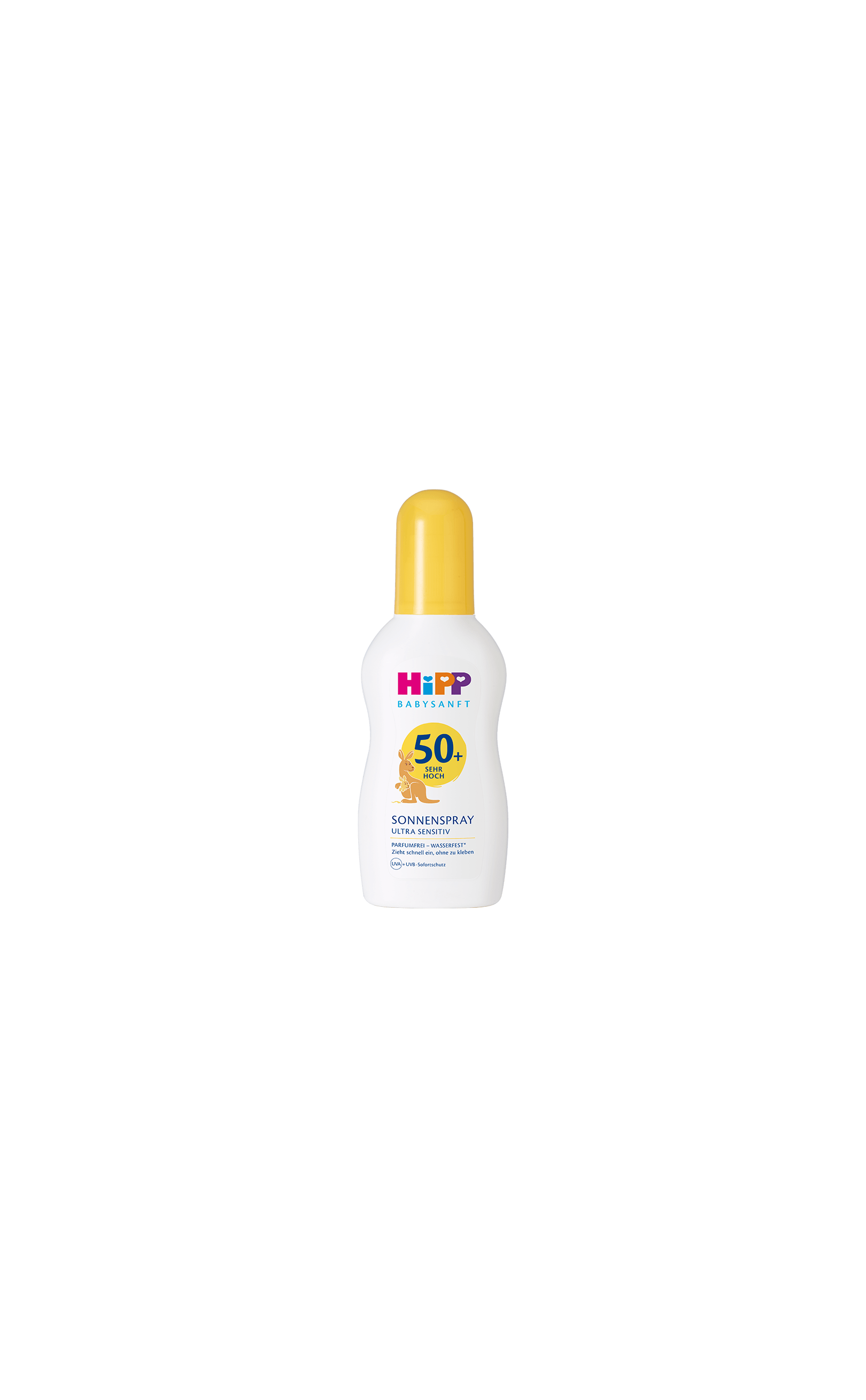 HiPP Babysanft Sonnenspray Ultra Sensitiv LSF 50+ in weißer 150-ml-Flasche mit gelbem Deckel vor schwarzem Hintergrund