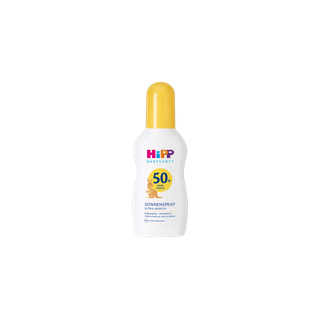 HiPP Babysanft Sonne Sonnenspray LSF 50+ für sensible Baby- und Kinderhaut in weißer Flasche mit gelbem Sprühkopf