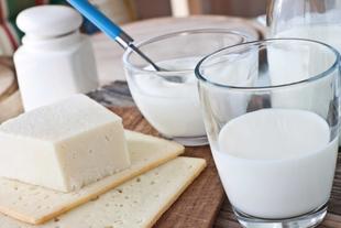 Verschiedene Molkereiprodukte, darunter ein Stück Käse, ein Glas Milch und ein Behälter mit Joghurt, die alle auf einer Holzunterlage platziert sind.
