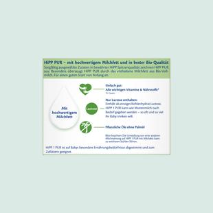 Infografik mit Text zu HiPP PUR Milchfett, Vitaminen, Nährstoffen, Lactosegehalt und pflanzlichem Öl ohne Palmöl