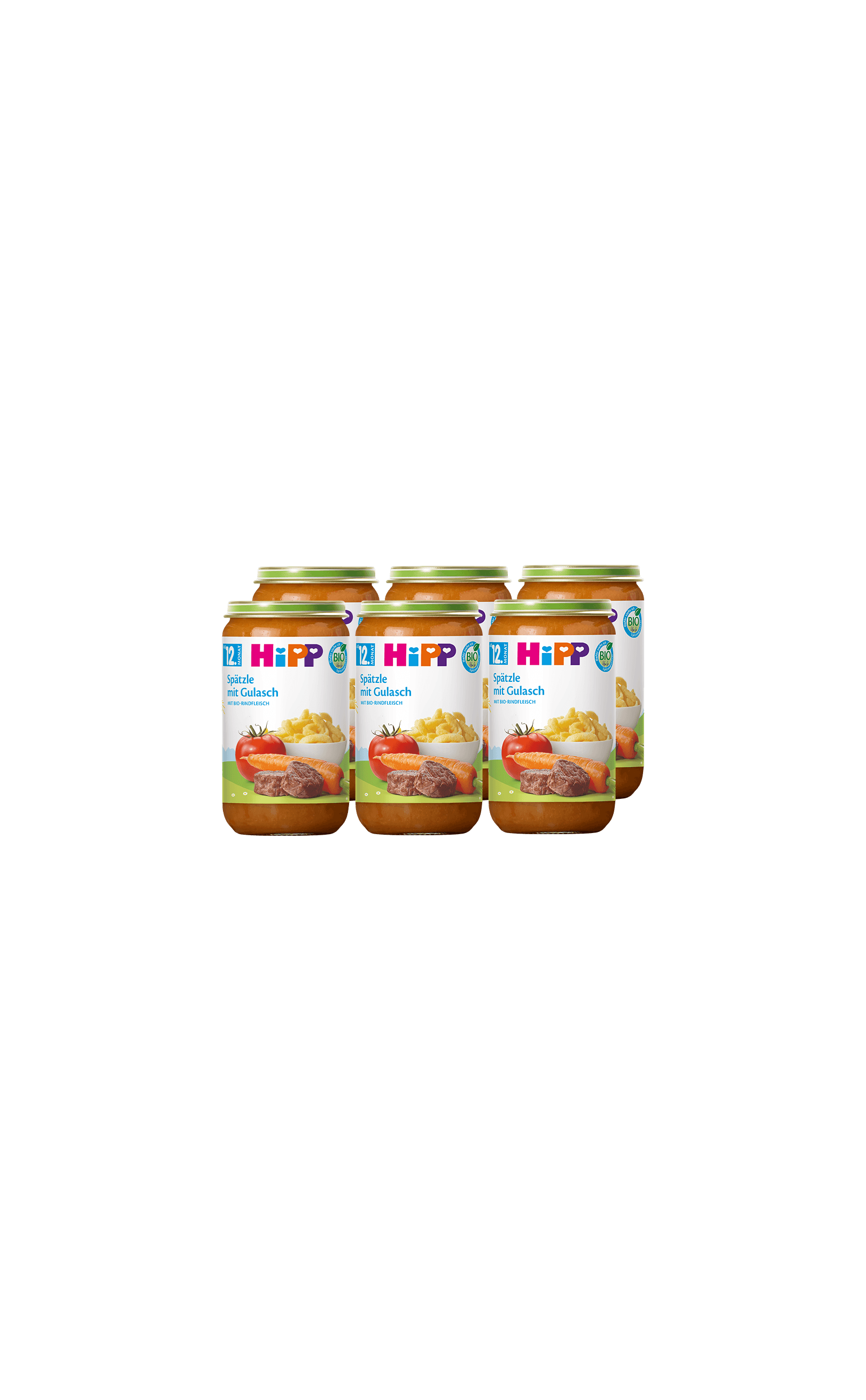 Sechserpack HiPP Bio-Gläschen Spätzle mit Gulasch, 6 x 250 g Familienvorrat