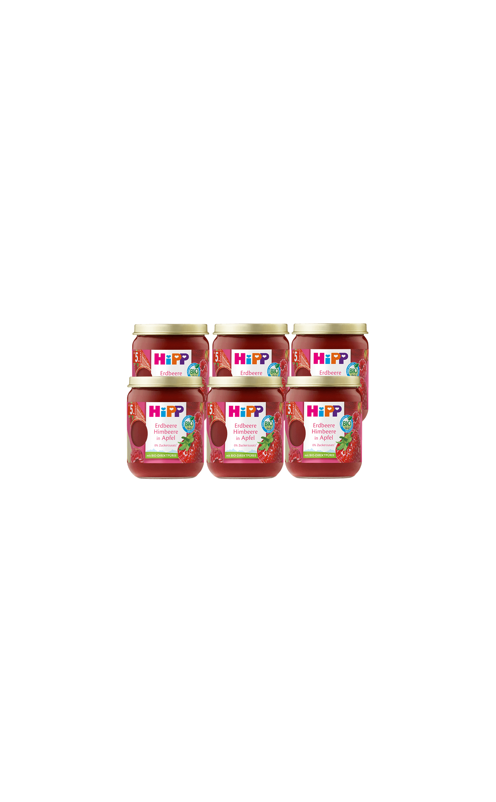 Sechserpack HiPP Bio Babygläschen Erdbeere-Himbeere in Apfel, 6×160g, auf schwarzem Hintergrund